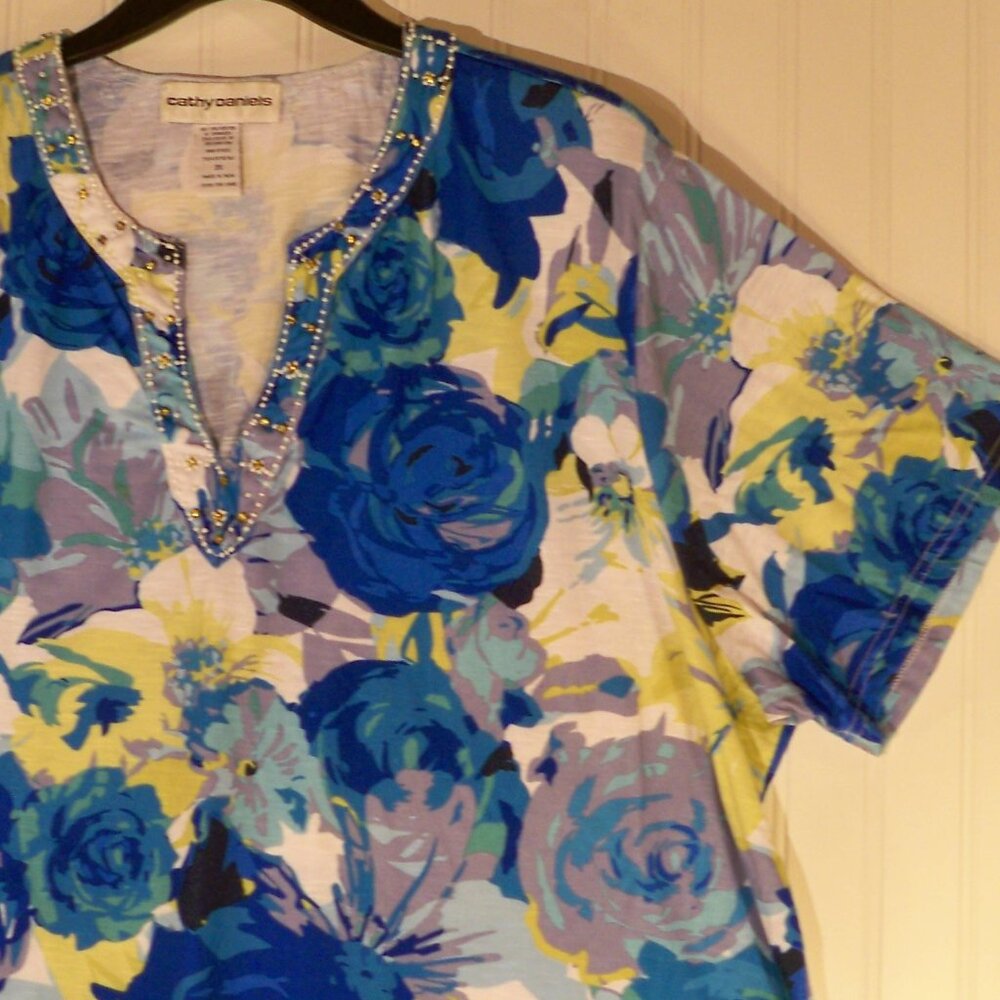 CathyDanials, Blue Floral Top, 2X